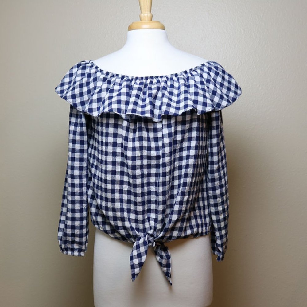 Quarry Blue and White Check Peasant Top